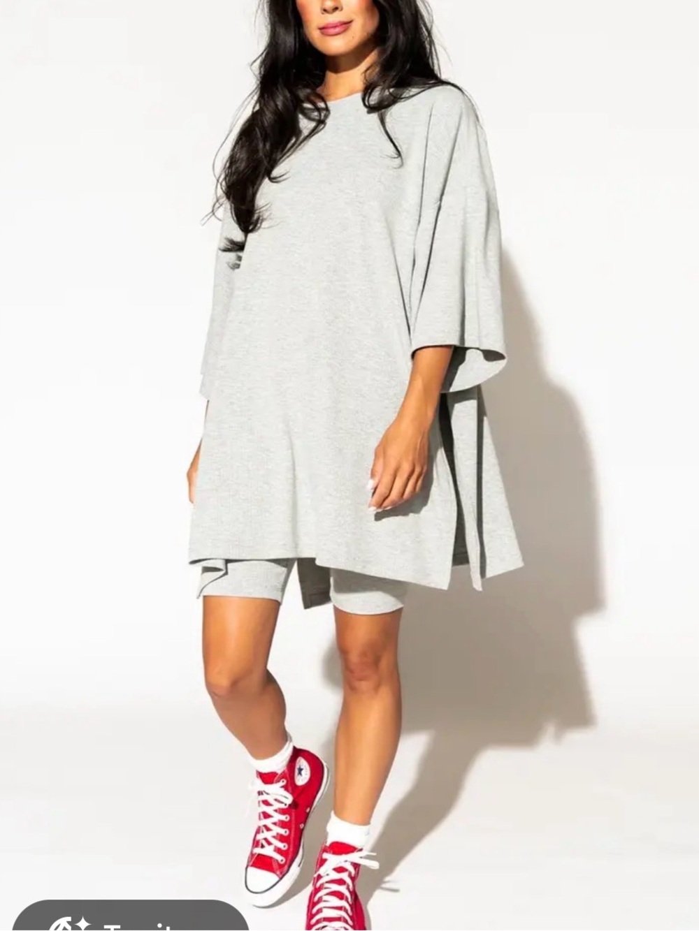 Dressed in LALA Light Gray Oversized Lounge Tunic with Matching Bike Shorts